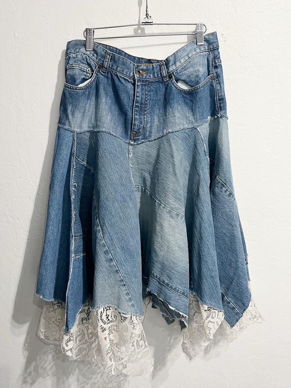 Lauren Ralph Lauren Denim Skirt Sz 14 Lace Boho Western Rodeo Patchwork Cowgirl